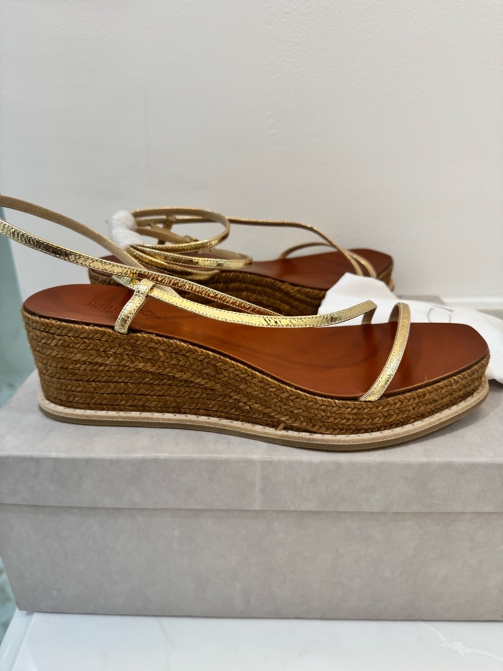 Jimmy Choo Gold Metallic Espadrille Wedge Sandals